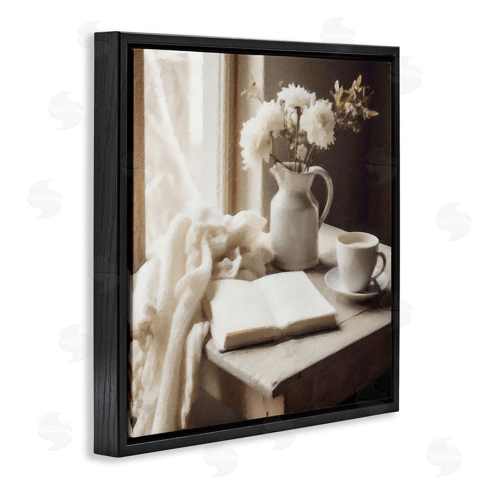Riley B Neutral Morning Coffee Journaling Black Floating Frame Canvas Wall Art Print