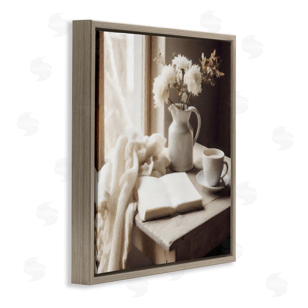 Riley B Neutral Morning Coffee Journaling Brown Floating Frame Canvas Wall Art Print