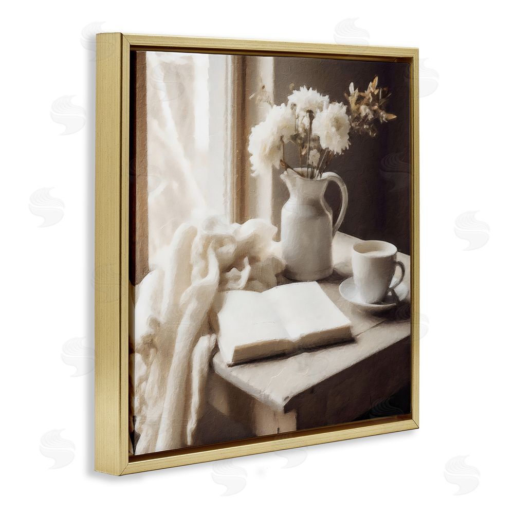 Riley B Neutral Morning Coffee Journaling Gold Floating Frame Canvas Wall Art Print
