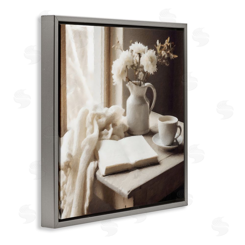 Riley B Neutral Morning Coffee Journaling Gray Floating Frame Canvas Wall Art Print