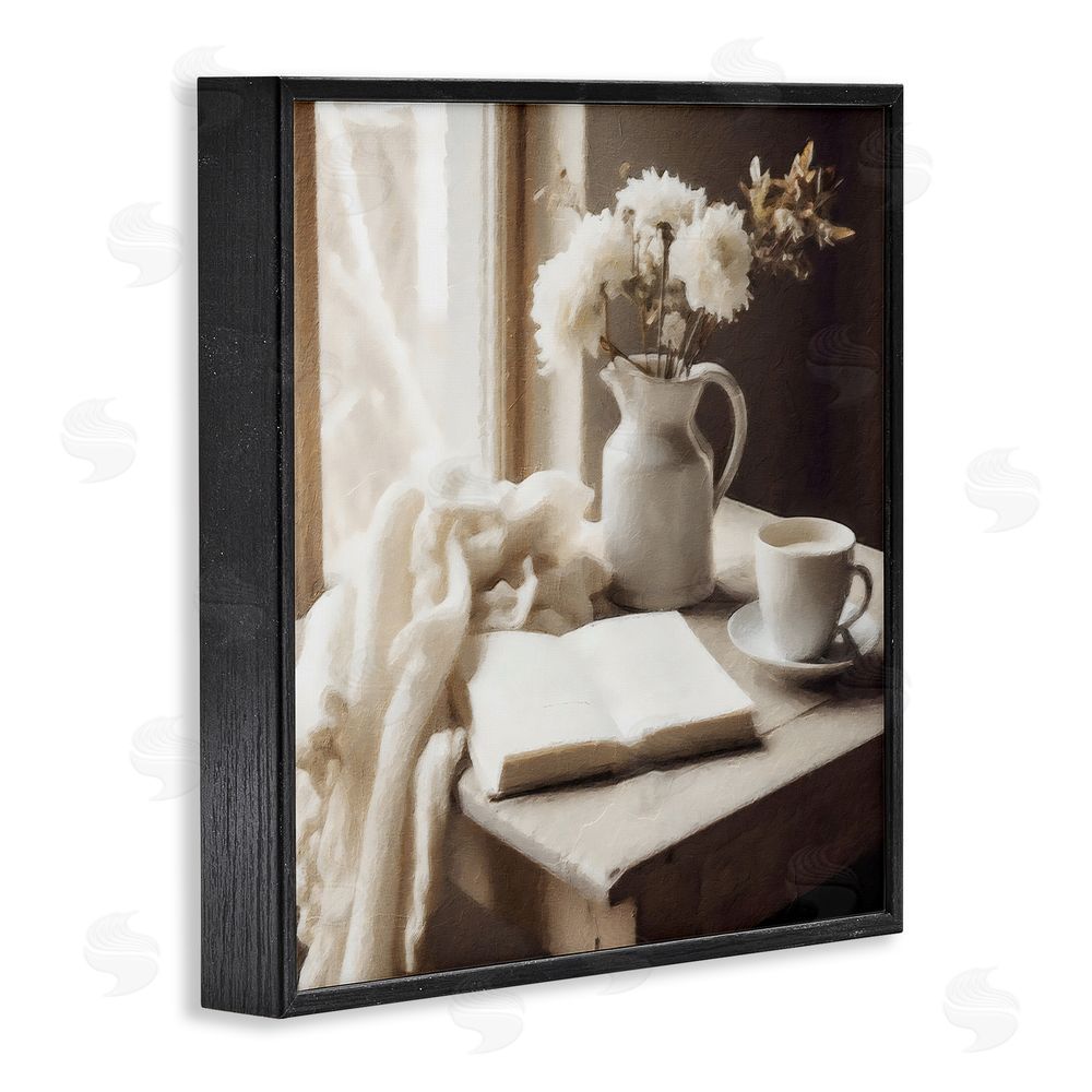 Riley B Neutral Morning Coffee Journaling Black Framed Giclee Wall Art Print