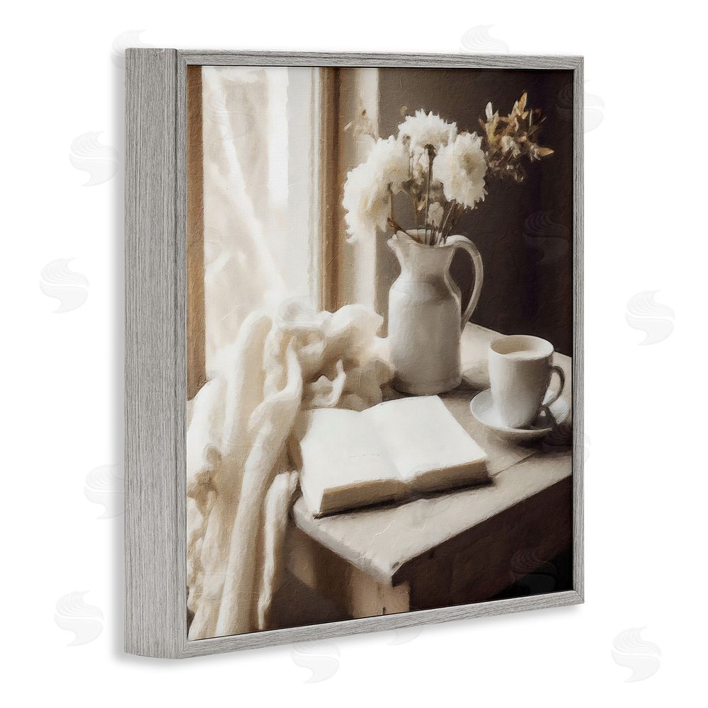 Riley B Neutral Morning Coffee Journaling Gray Framed Giclee Wall Art Print