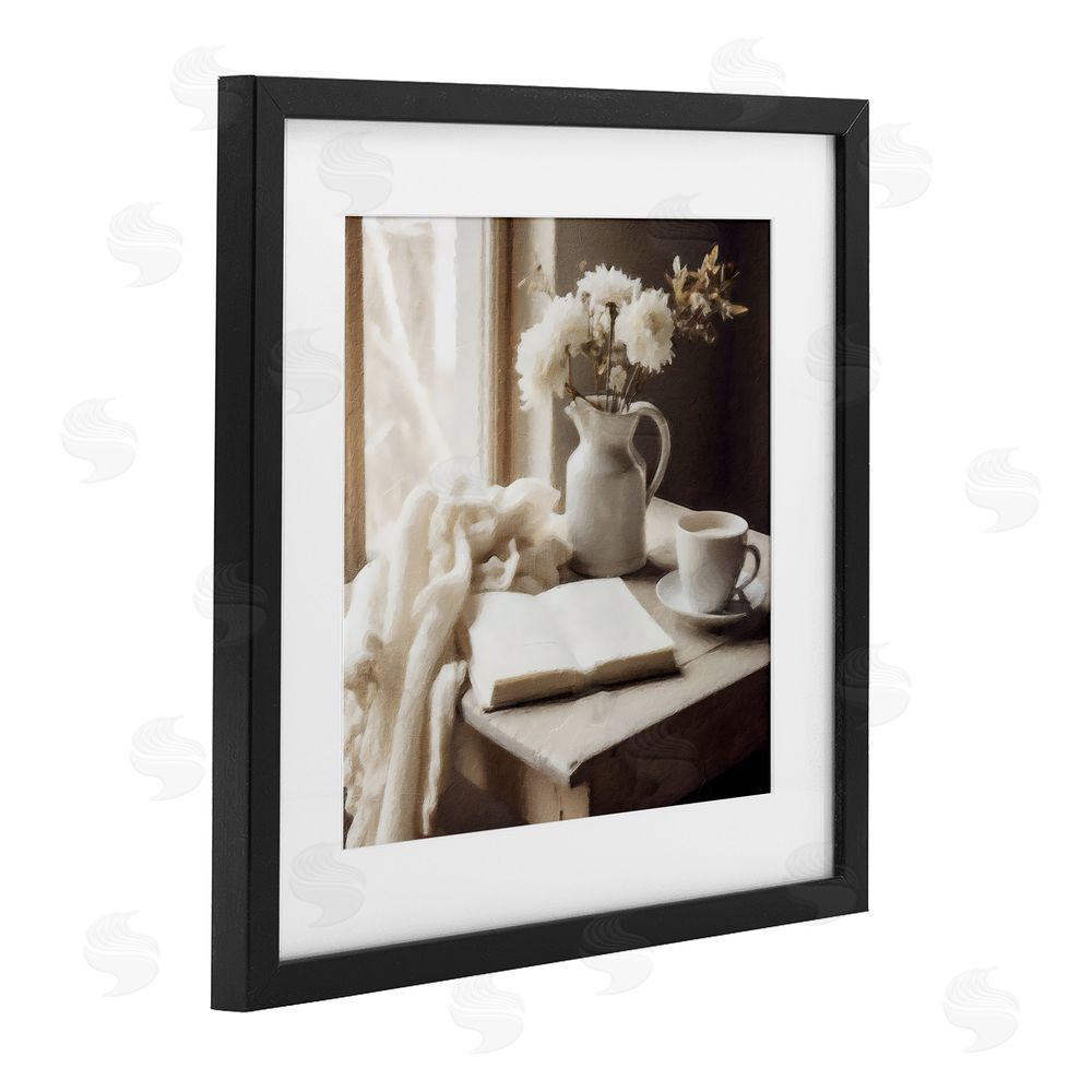 Riley B Neutral Morning Coffee Journaling Black Framed Print Under Glass with White Mat Wall Art