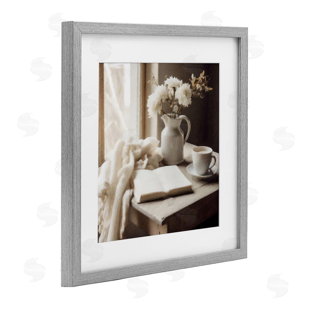 Riley B Neutral Morning Coffee Journaling Gray Framed Print Under Glass with White Mat Wall Art
