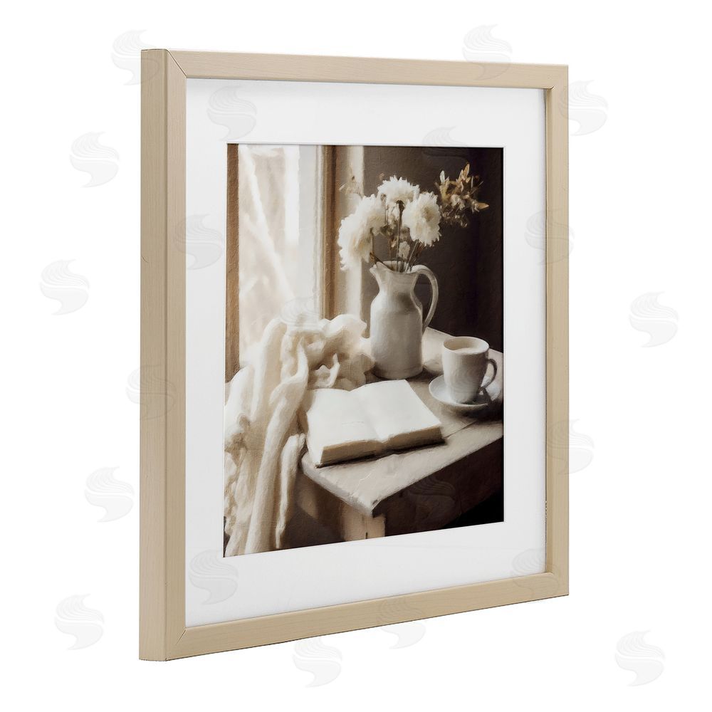 Riley B Neutral Morning Coffee Journaling Birch Framed Print Under Glass with White Mat Wall Art
