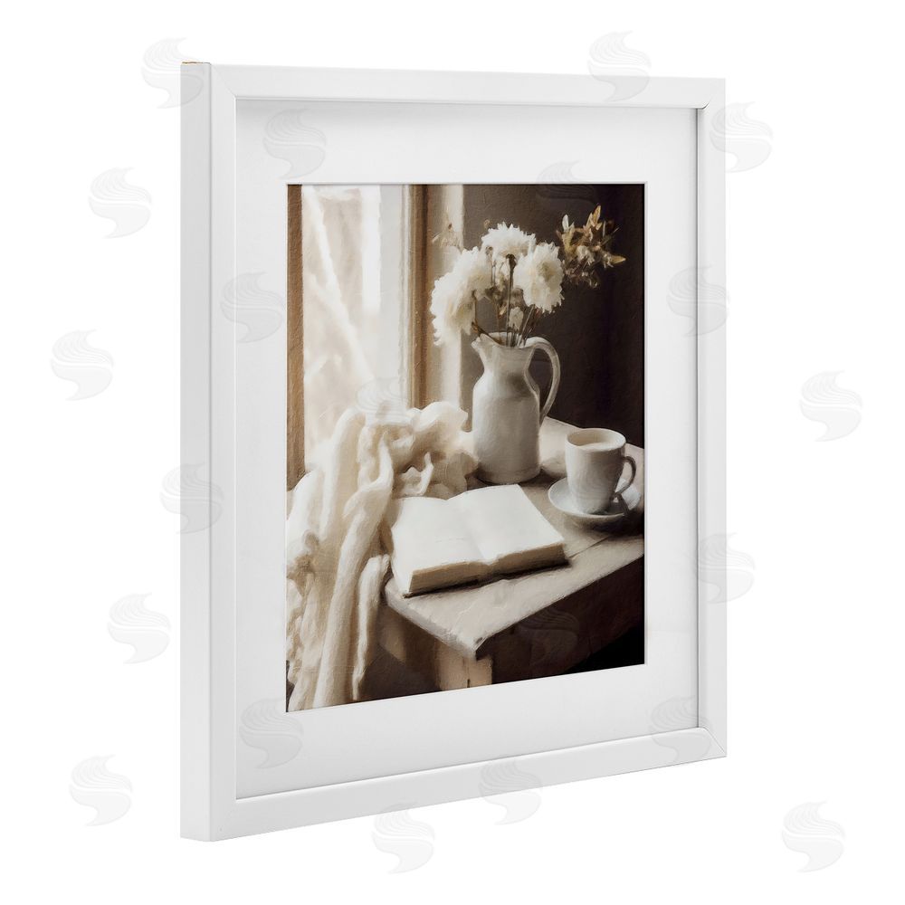 Riley B Neutral Morning Coffee Journaling White Framed Print Under Glass with Mat Wall Art