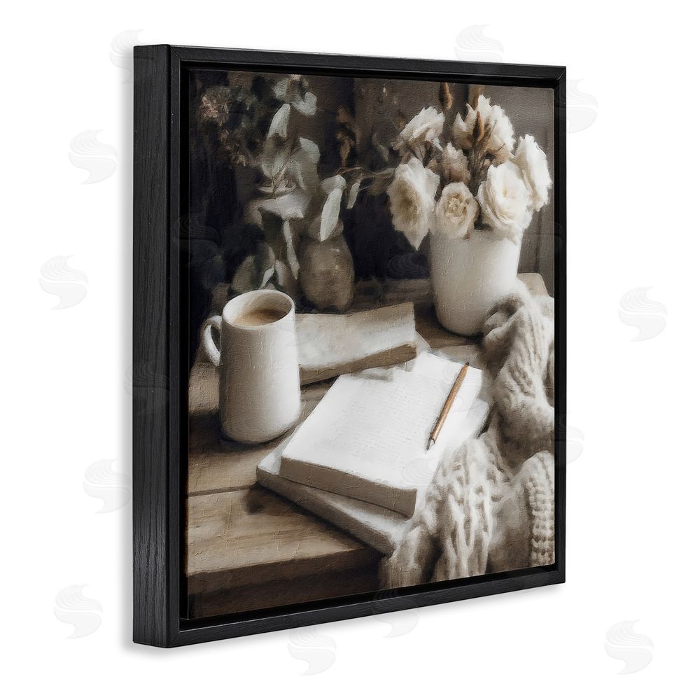 Riley B Morning Coffee & Journaling Black Floating Frame Canvas Wall Art Print