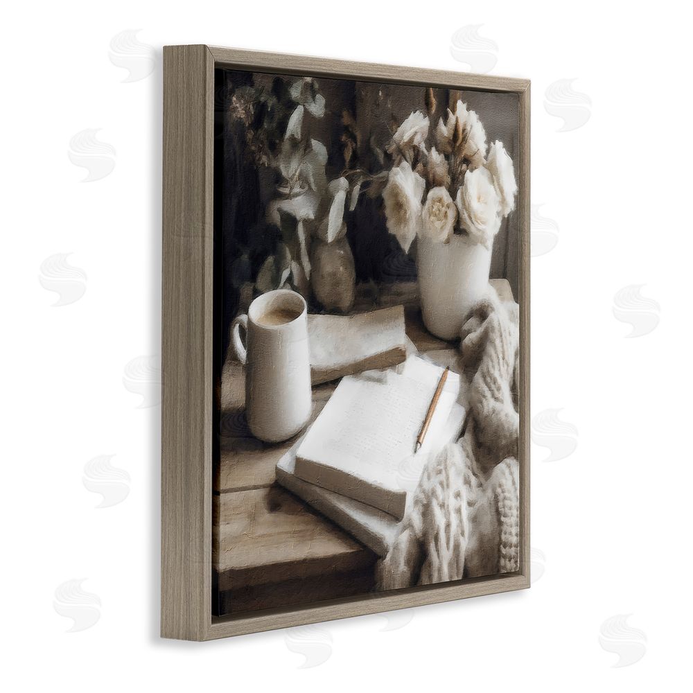 Riley B Morning Coffee & Journaling Brown Floating Frame Canvas Wall Art Print