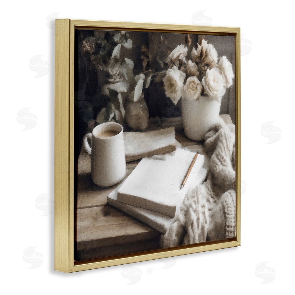 Riley B Morning Coffee & Journaling Gold Floating Frame Canvas Wall Art Print