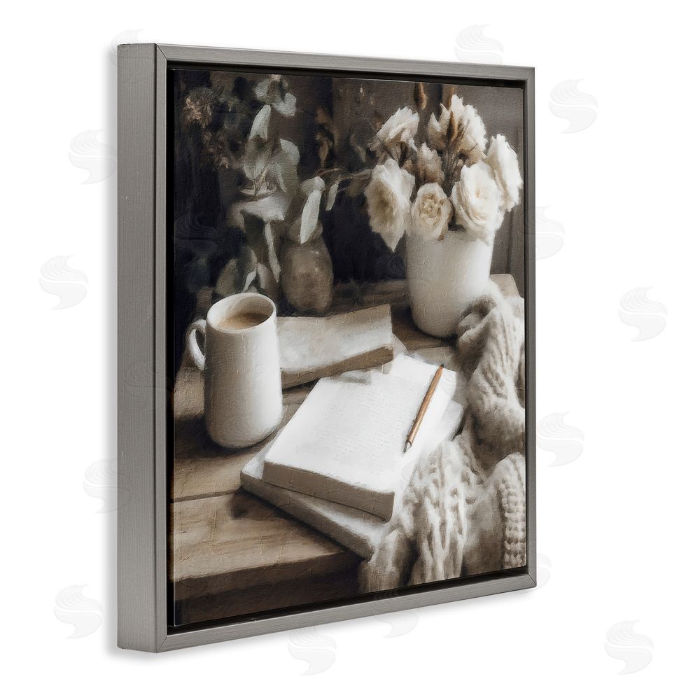 Riley B Morning Coffee & Journaling Gray Floating Frame Canvas Wall Art Print