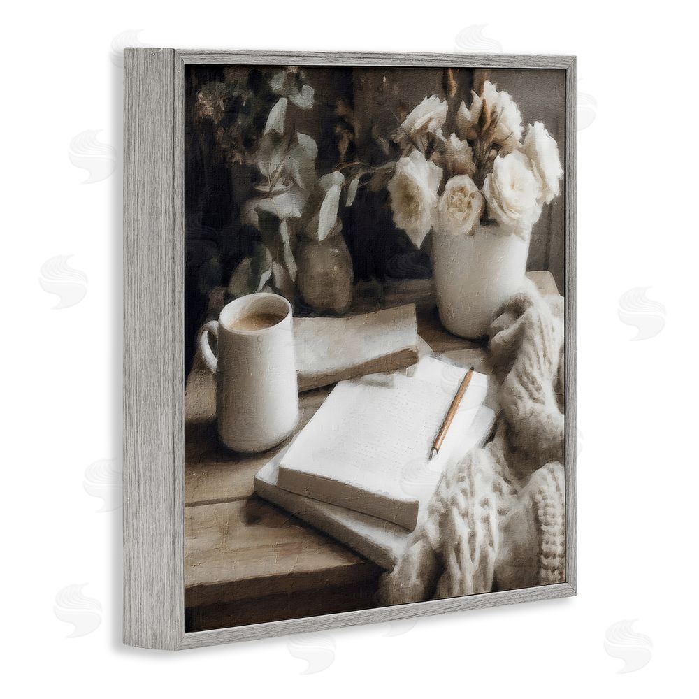 Riley B Morning Coffee & Journaling Gray Framed Giclee Wall Art Print
