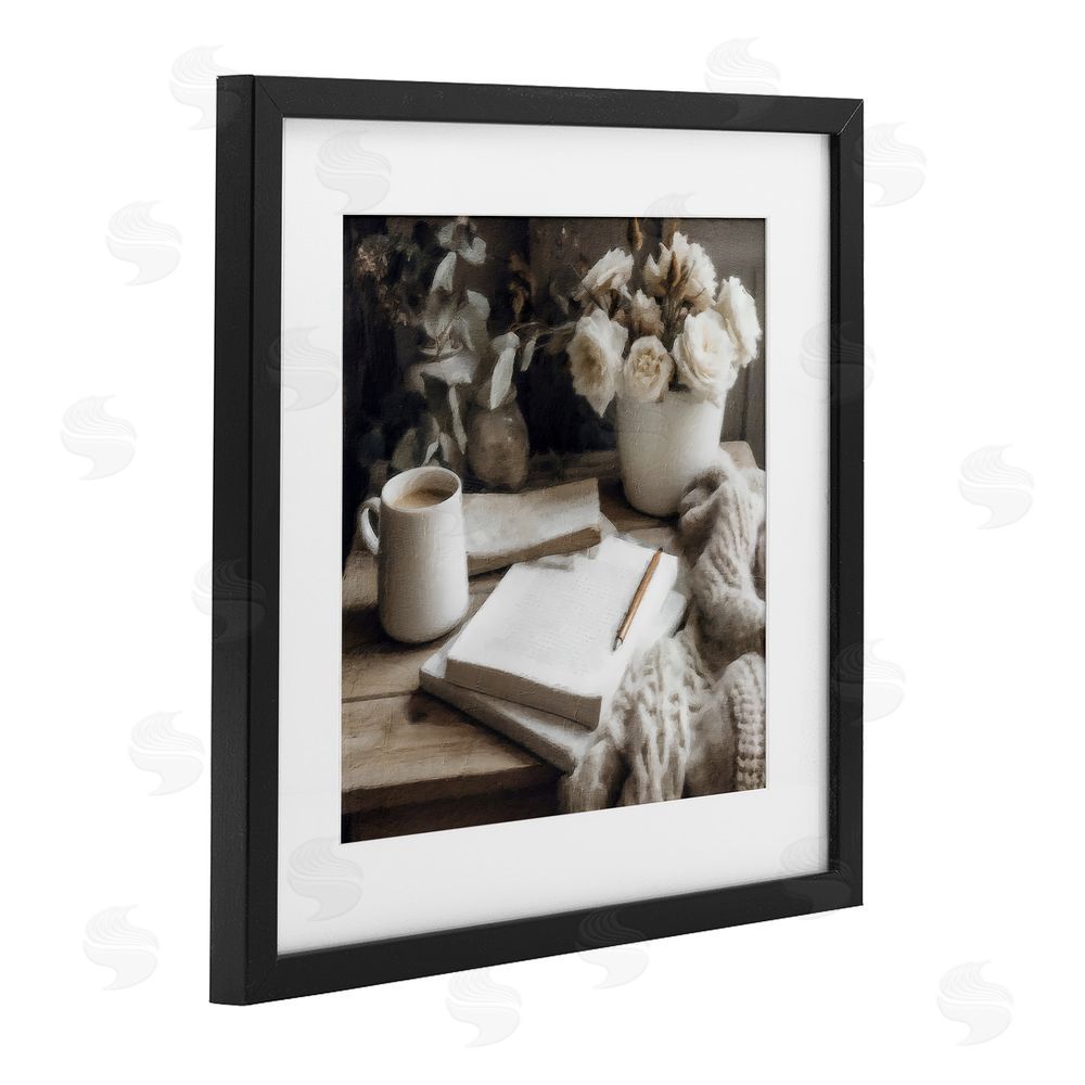 Riley B Morning Coffee & Journaling Black Framed Print Under Glass with White Mat Wall Art
