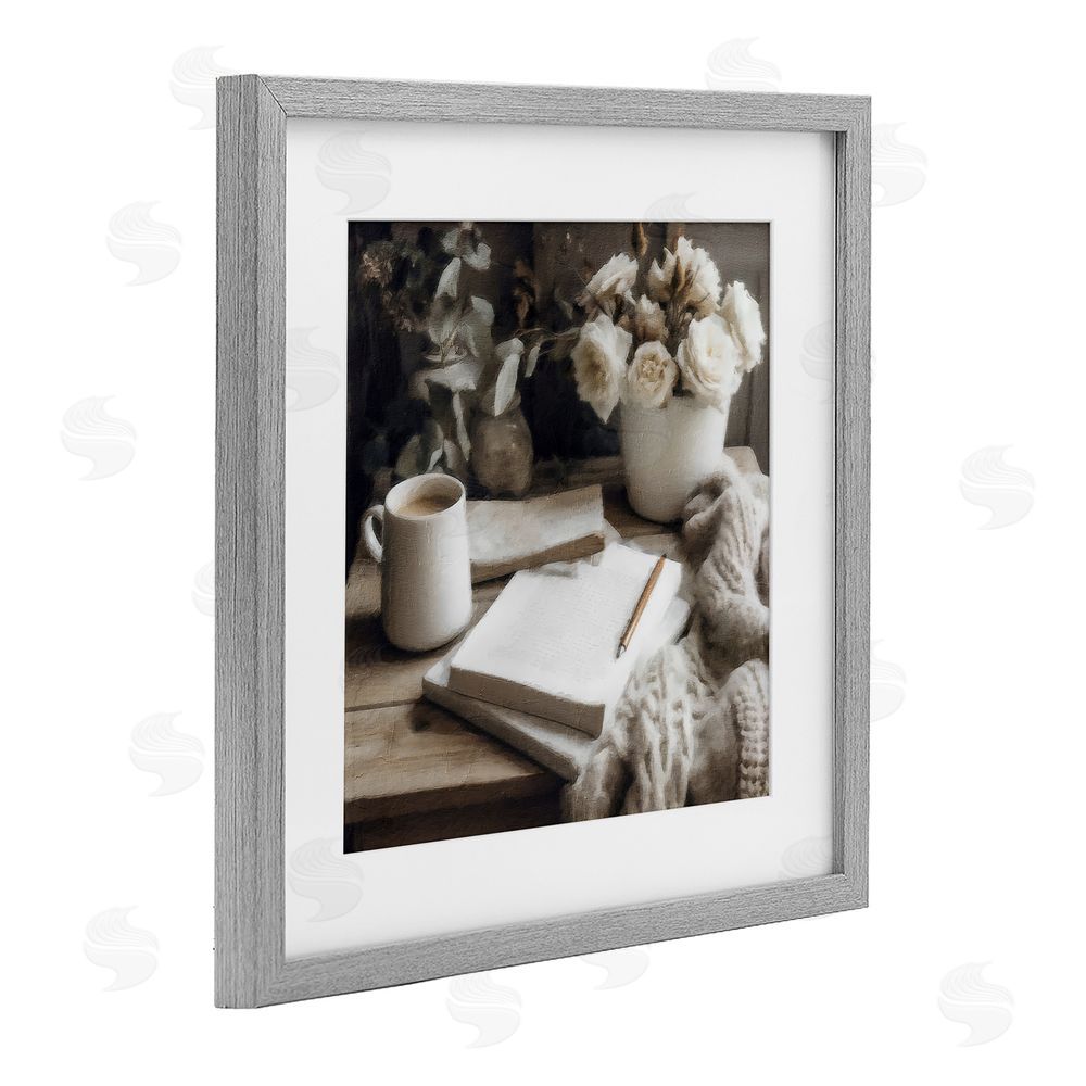 Riley B Morning Coffee & Journaling Gray Framed Print Under Glass with White Mat Wall Art