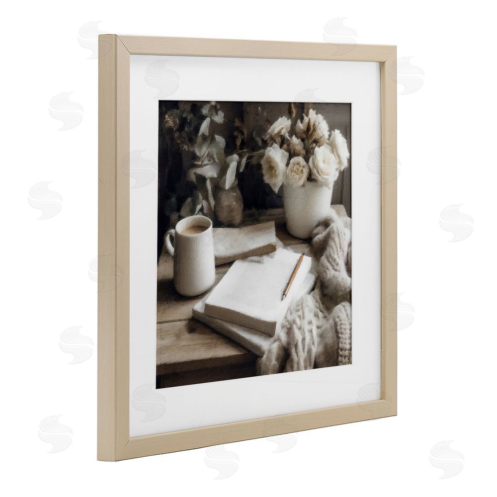 Riley B Morning Coffee & Journaling Birch Framed Print Under Glass with White Mat Wall Art