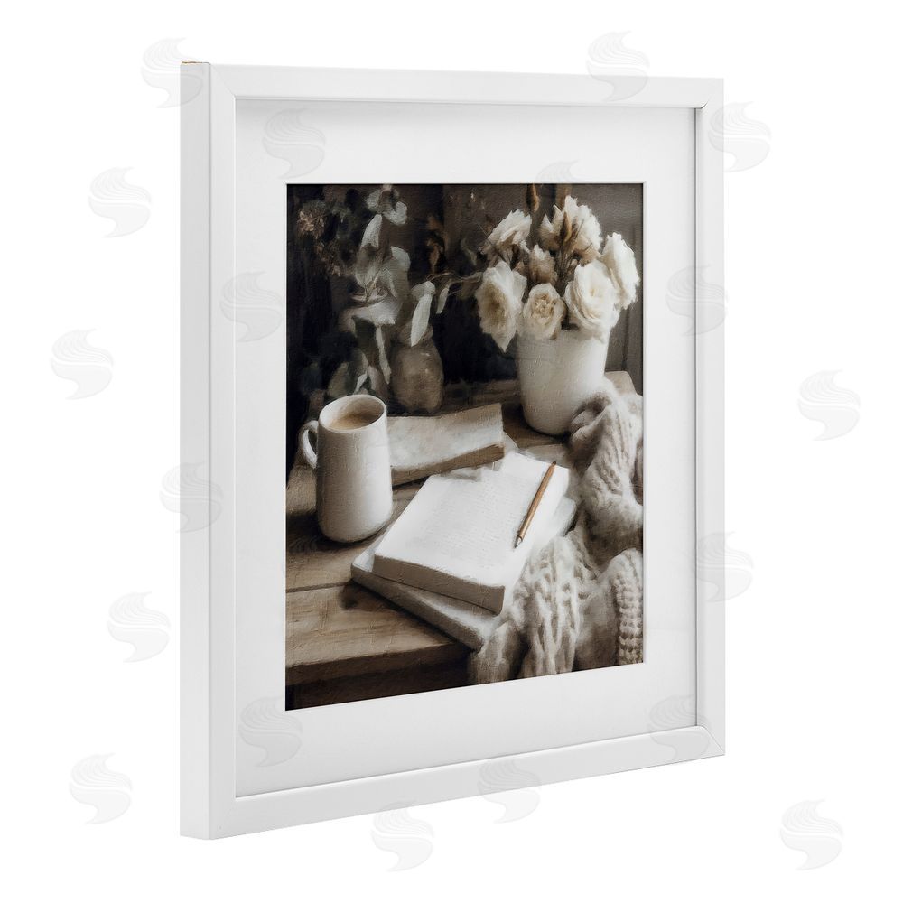 Riley B Morning Coffee & Journaling White Framed Print Under Glass with Mat Wall Art