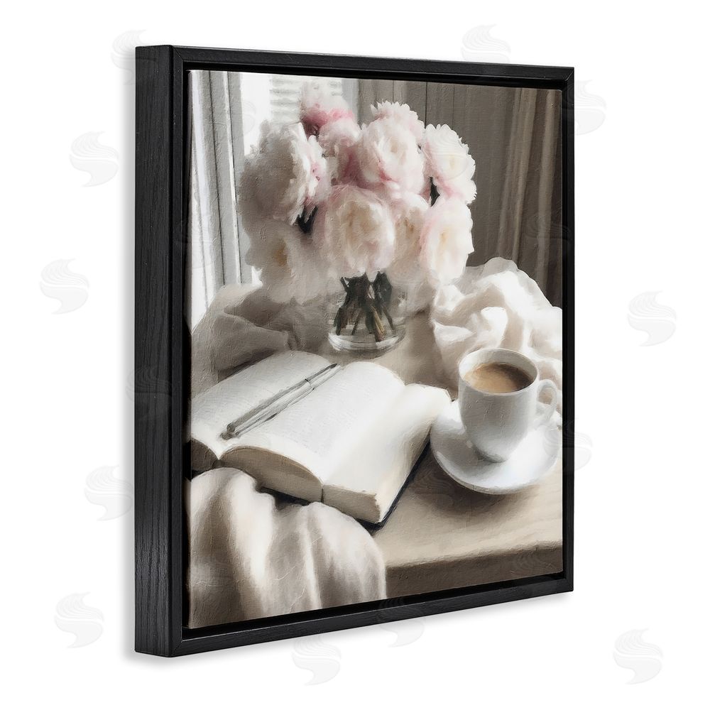 Riley B Morning Coffee Journaling Black Floating Frame Canvas Wall Art Print