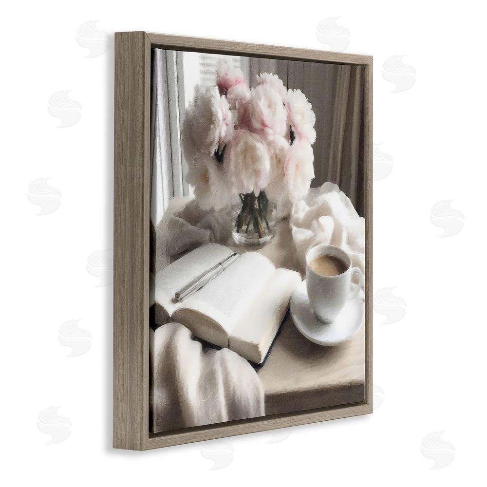 Riley B Morning Coffee Journaling Brown Floating Frame Canvas Wall Art Print