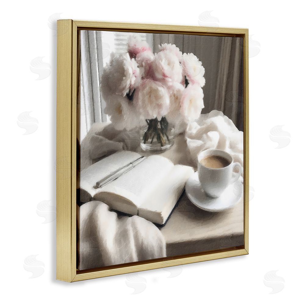 Riley B Morning Coffee Journaling Gold Floating Frame Canvas Wall Art Print
