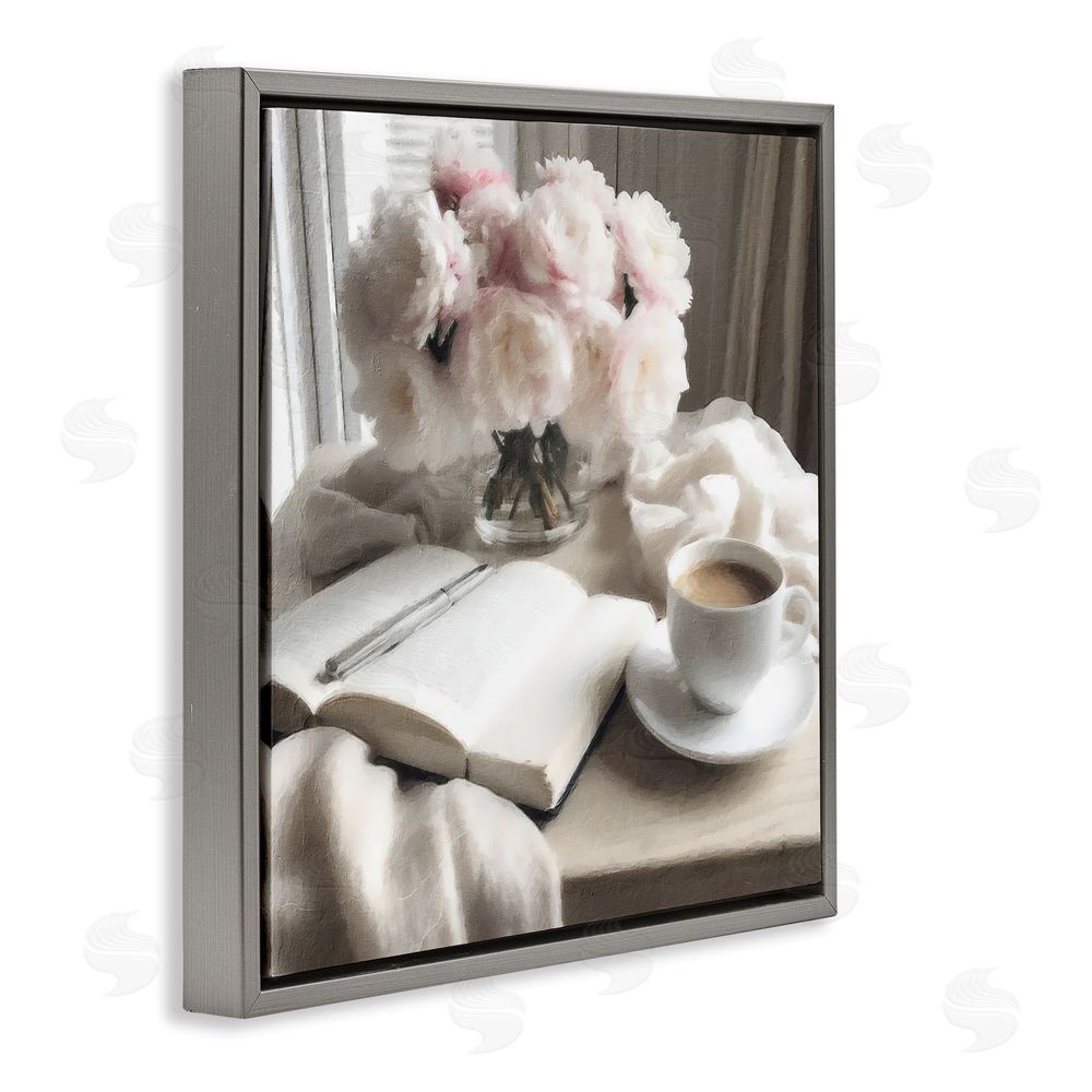 Riley B Morning Coffee Journaling Gray Floating Frame Canvas Wall Art Print
