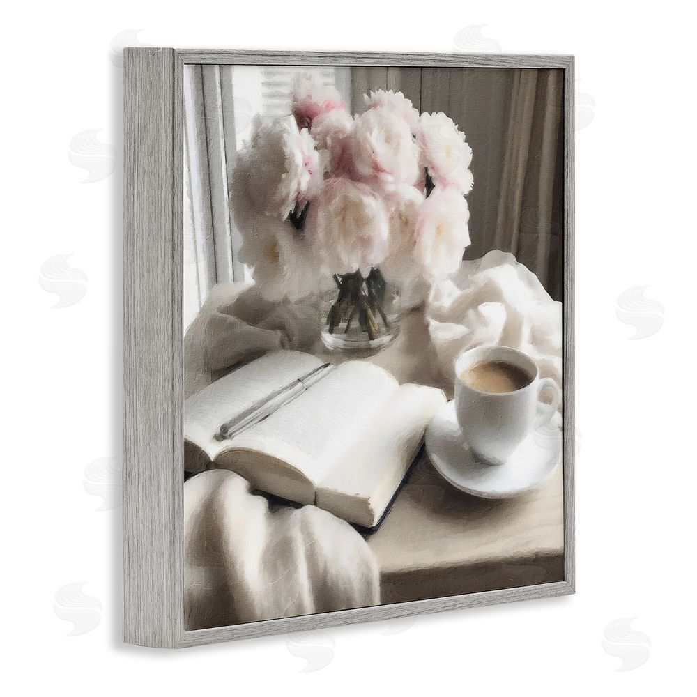 Riley B Morning Coffee Journaling Gray Framed Giclee Wall Art Print
