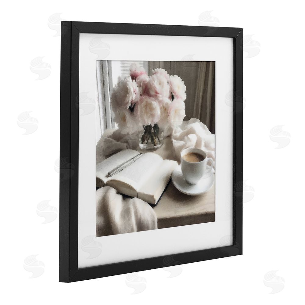 Riley B Morning Coffee Journaling Black Framed Print Under Glass with White Mat Wall Art