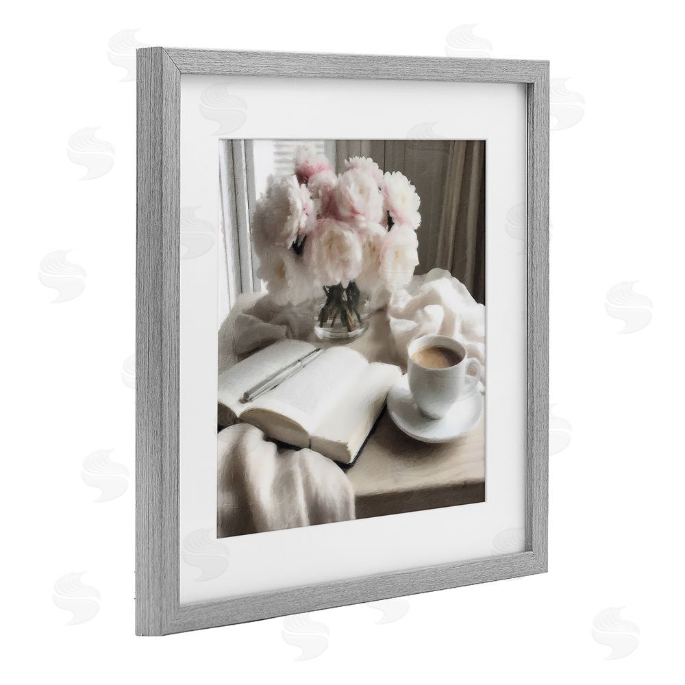 Riley B Morning Coffee Journaling Gray Framed Print Under Glass with White Mat Wall Art