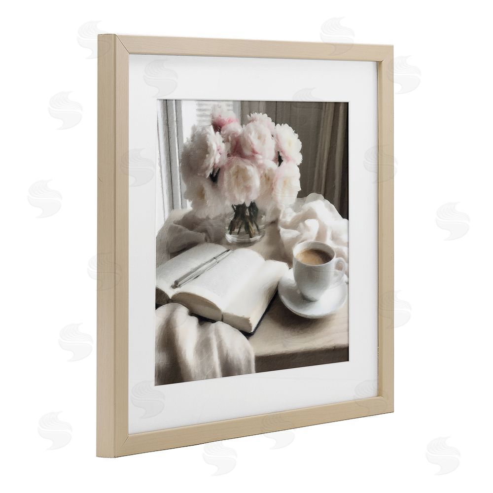 Riley B Morning Coffee Journaling Birch Framed Print Under Glass with White Mat Wall Art