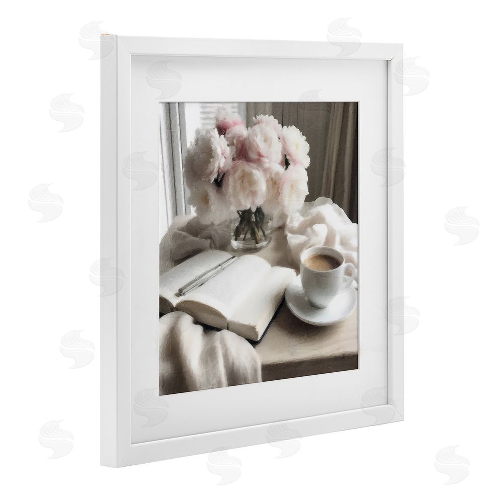 Riley B Morning Coffee Journaling White Framed Print Under Glass with Mat Wall Art