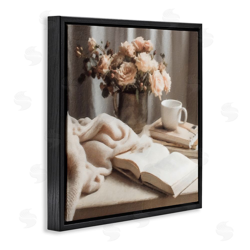 Riley B Morning Coffee Floral Journaling Black Floating Frame Canvas Wall Art Print