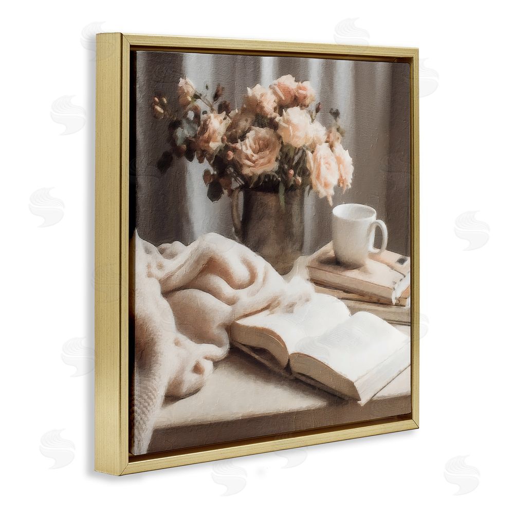 Riley B Morning Coffee Floral Journaling Gold Floating Frame Canvas Wall Art Print