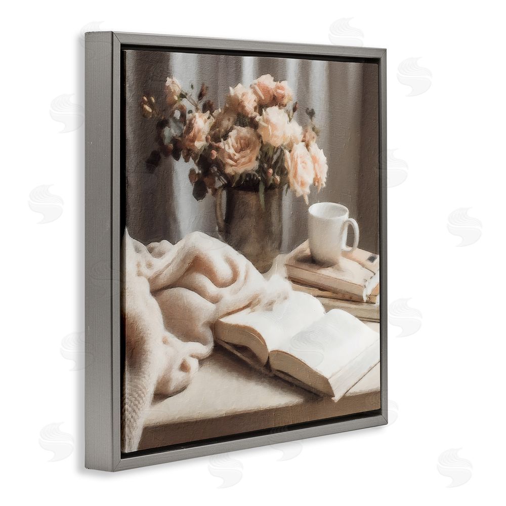 Riley B Morning Coffee Floral Journaling Gray Floating Frame Canvas Wall Art Print