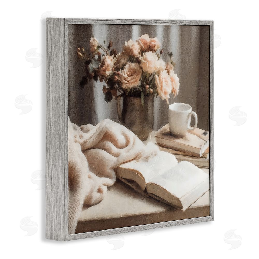Riley B Morning Coffee Floral Journaling Gray Framed Giclee Wall Art Print