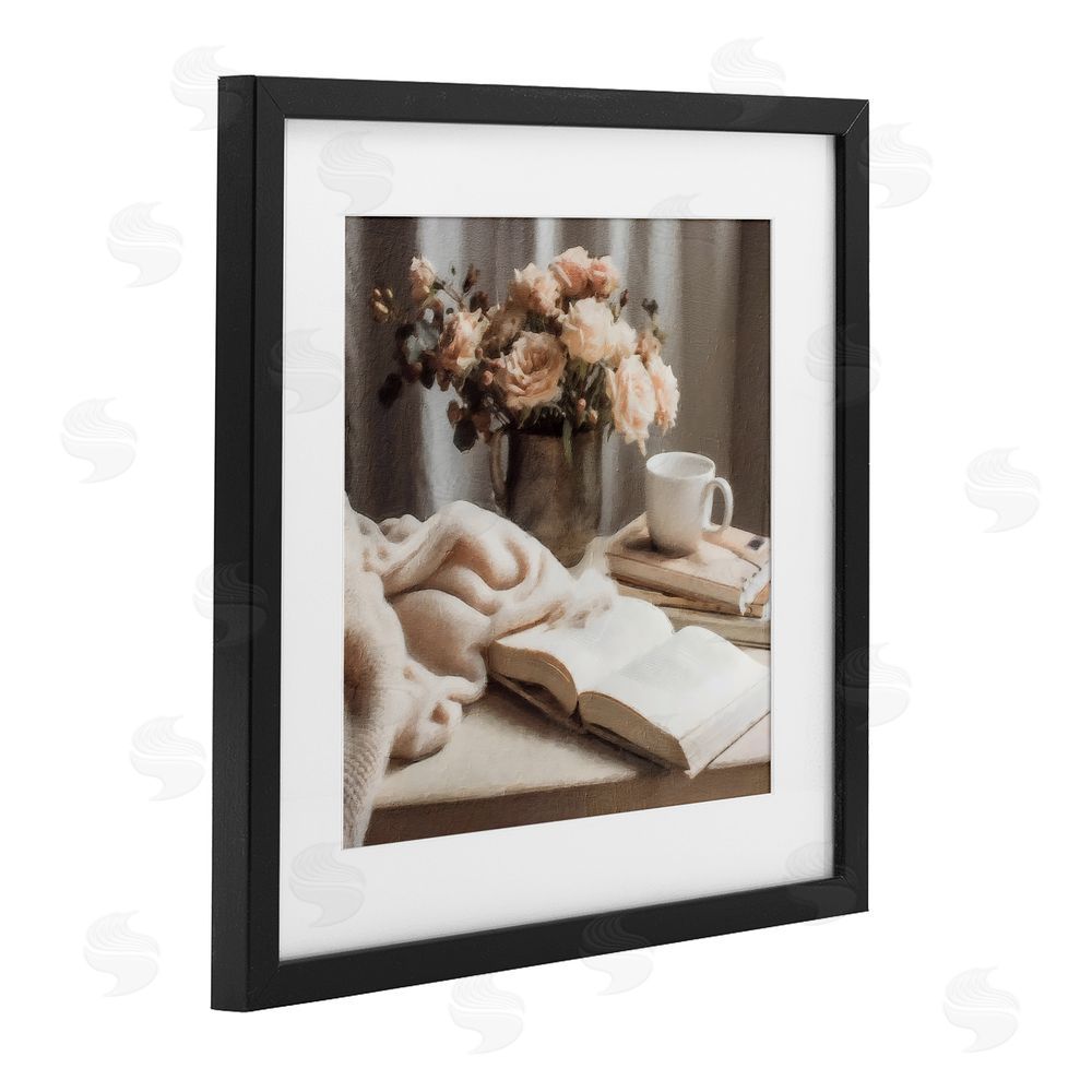 Riley B Morning Coffee Floral Journaling Black Framed Print Under Glass with White Mat Wall Art
