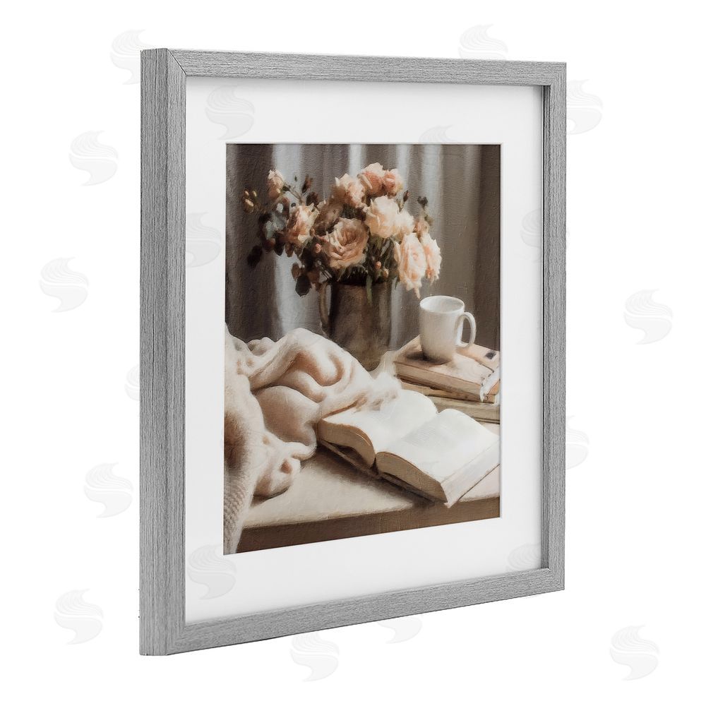 Riley B Morning Coffee Floral Journaling Gray Framed Print Under Glass with White Mat Wall Art