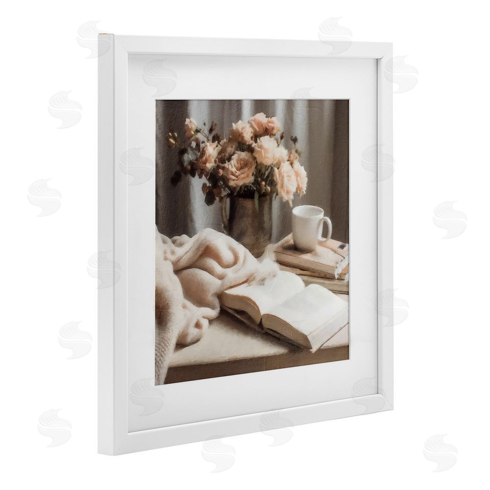 Riley B Morning Coffee Floral Journaling White Framed Print Under Glass with Mat Wall Art