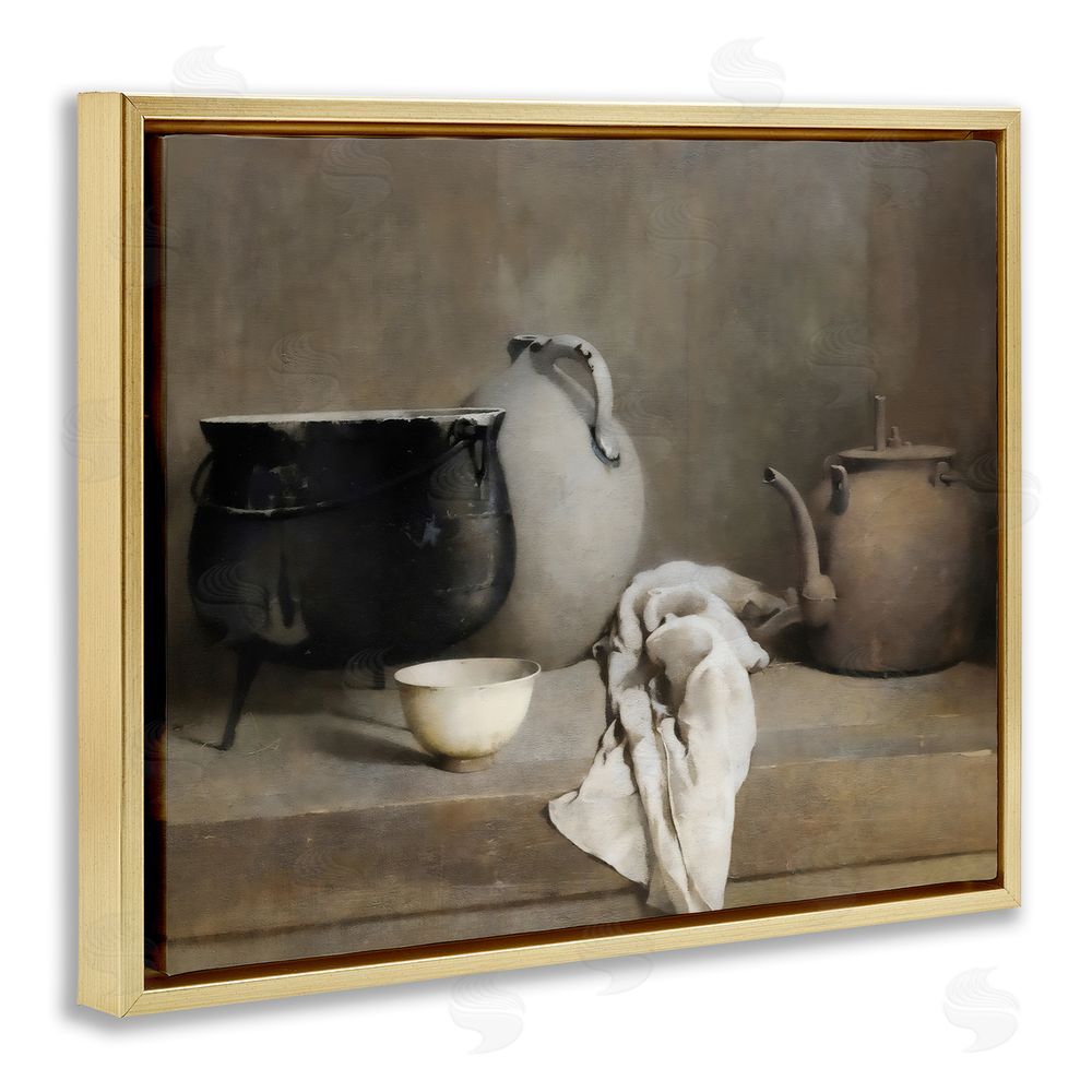 Riley B Vintage Farmhouse Vase Still Life Gold Floating Frame Canvas Wall Art Print