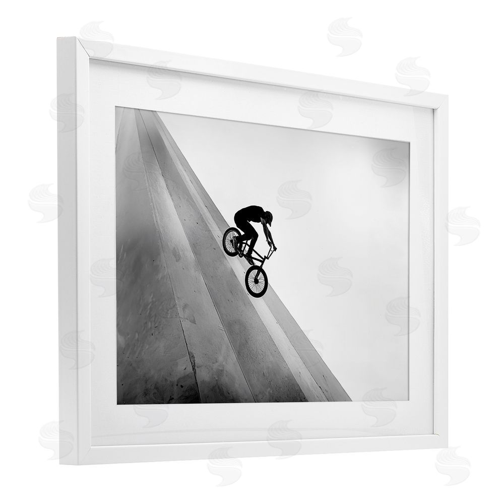 Sisi and Seb Black and White Biker White Framed Print Under Glass with Mat Wall Art