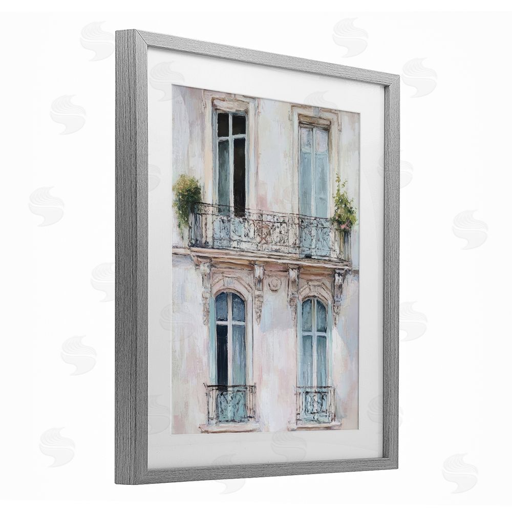 Petal Prints Design Blue Windows on City Buildings Gray Framed Print Under Glass with White Mat Wall Art