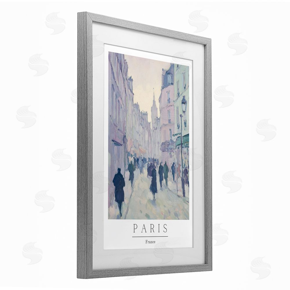 Petal Prints Design Vintage Blue Paris Streets Gray Framed Print Under Glass with White Mat Wall Art