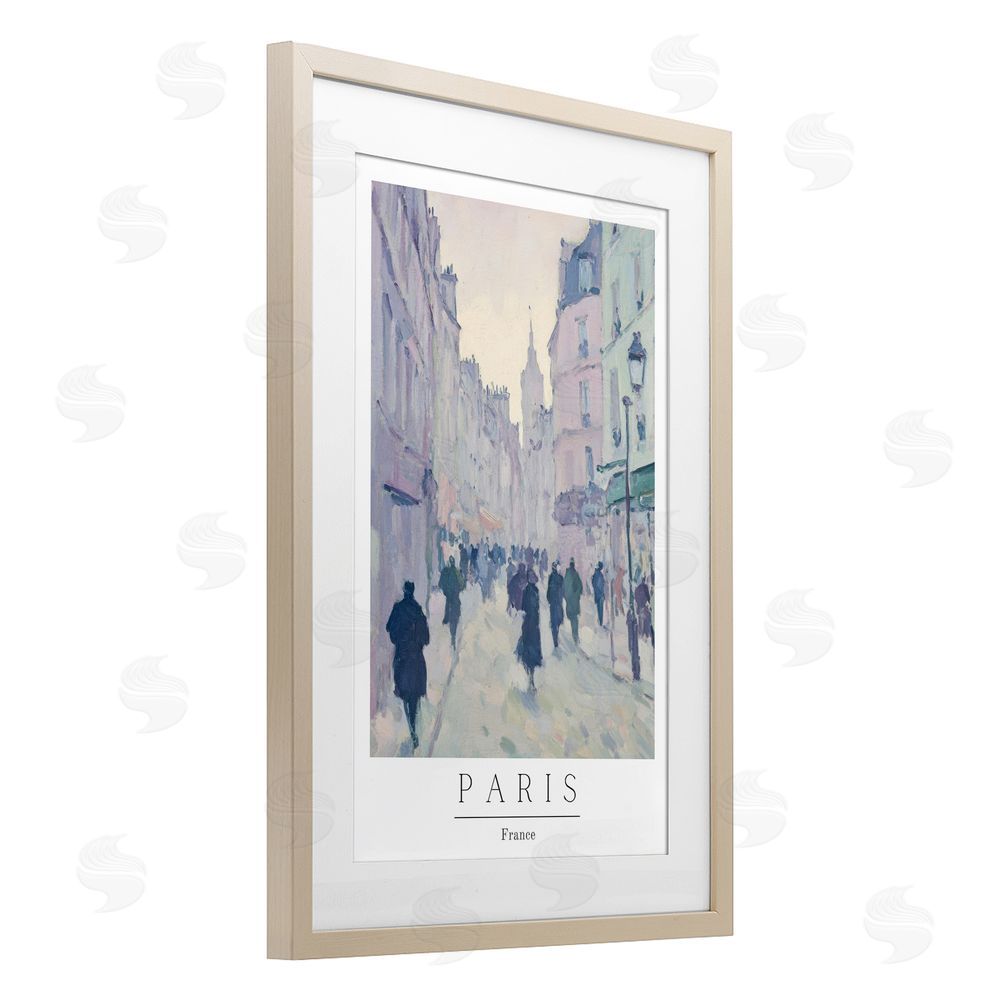 Petal Prints Design Vintage Blue Paris Streets Birch Framed Print Under Glass with White Mat Wall Art