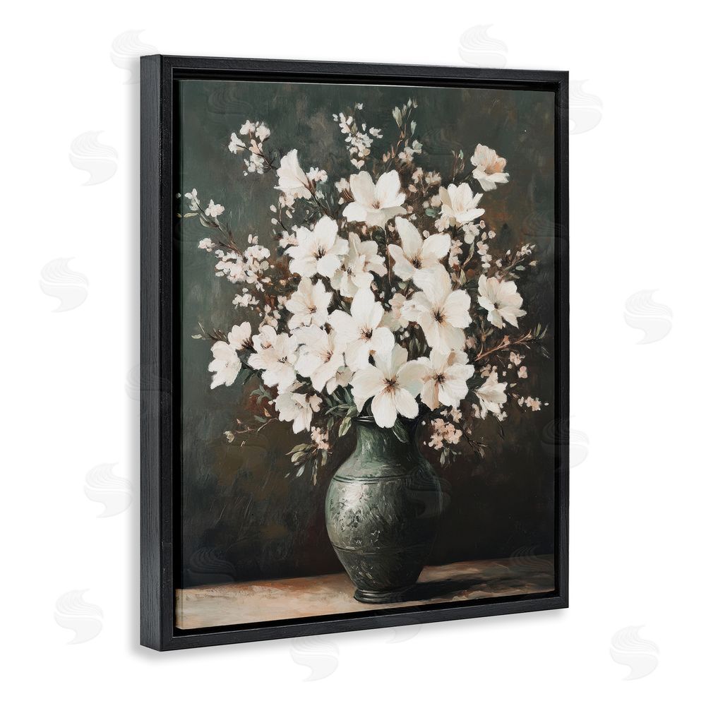 Petal Prints Design Traditional Elegant White Bouquet Black Floating Frame Canvas Wall Art Print