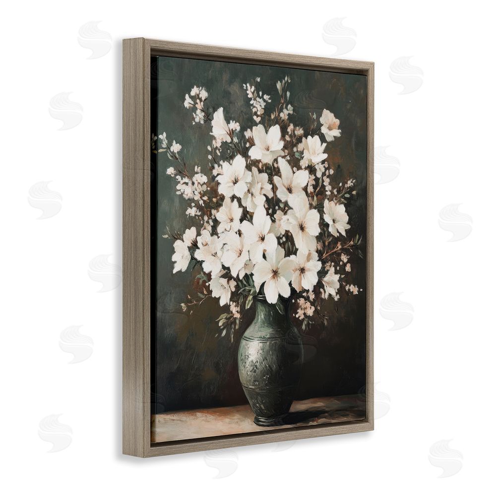 Petal Prints Design Traditional Elegant White Bouquet Brown Floating Frame Canvas Wall Art Print
