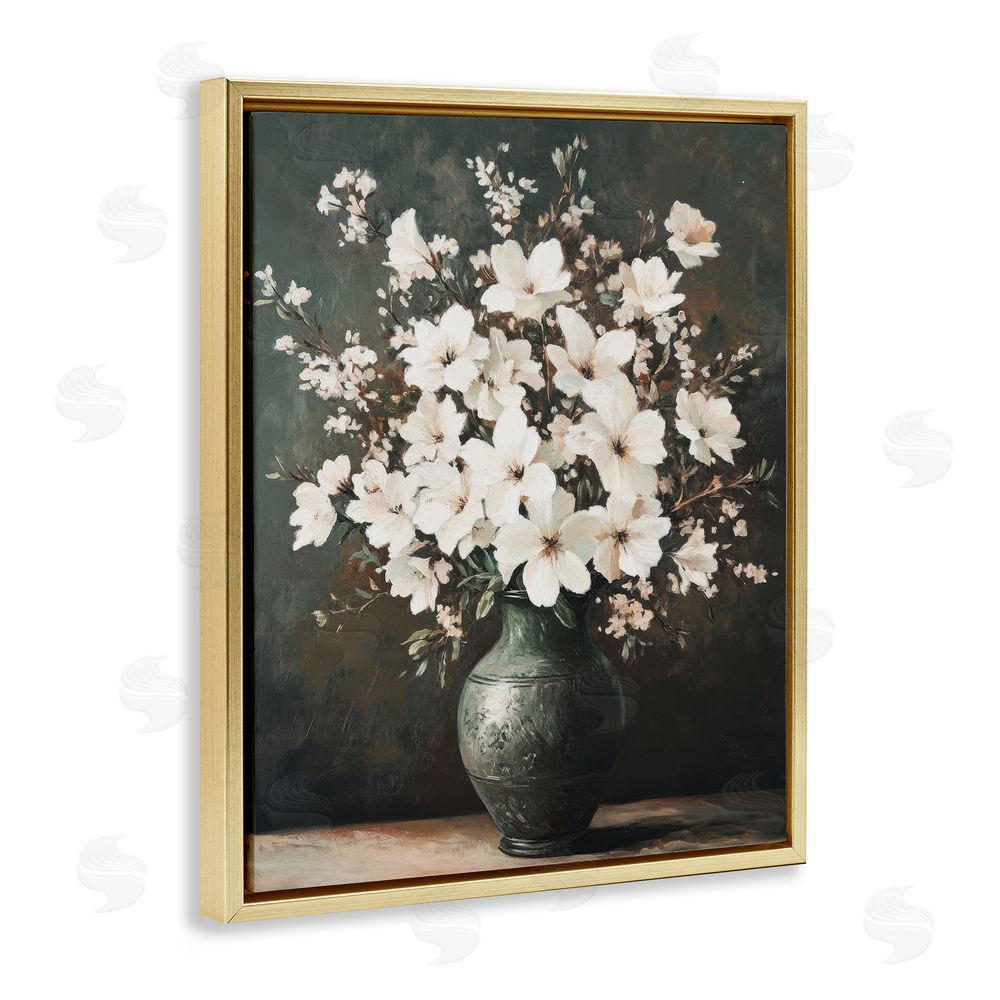 Petal Prints Design Traditional Elegant White Bouquet Gold Floating Frame Canvas Wall Art Print