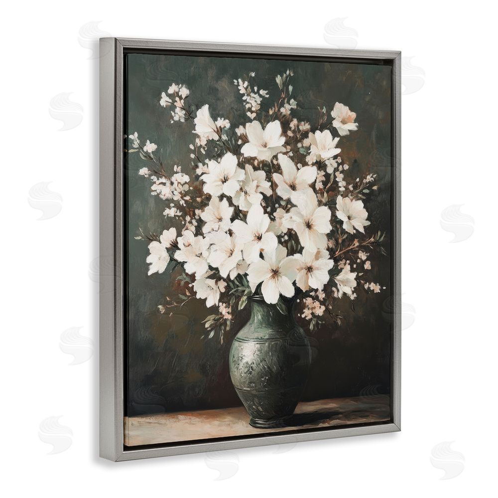 Petal Prints Design Traditional Elegant White Bouquet Gray Floating Frame Canvas Wall Art Print