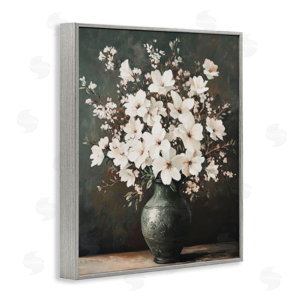 Petal Prints Design Traditional Elegant White Bouquet Gray Framed Giclee Wall Art Print
