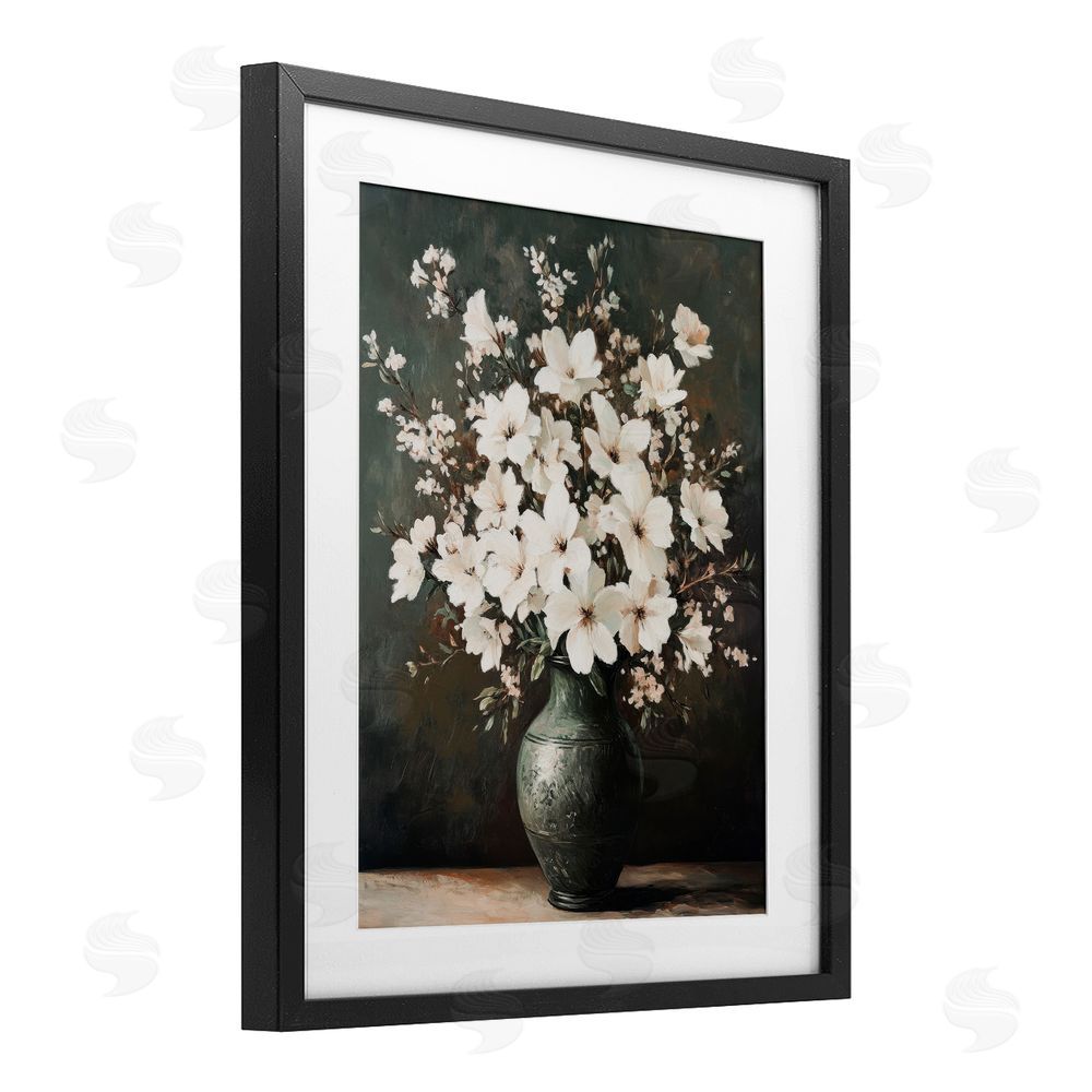 Petal Prints Design Traditional Elegant White Bouquet Black Framed Print Under Glass with White Mat Wall Art