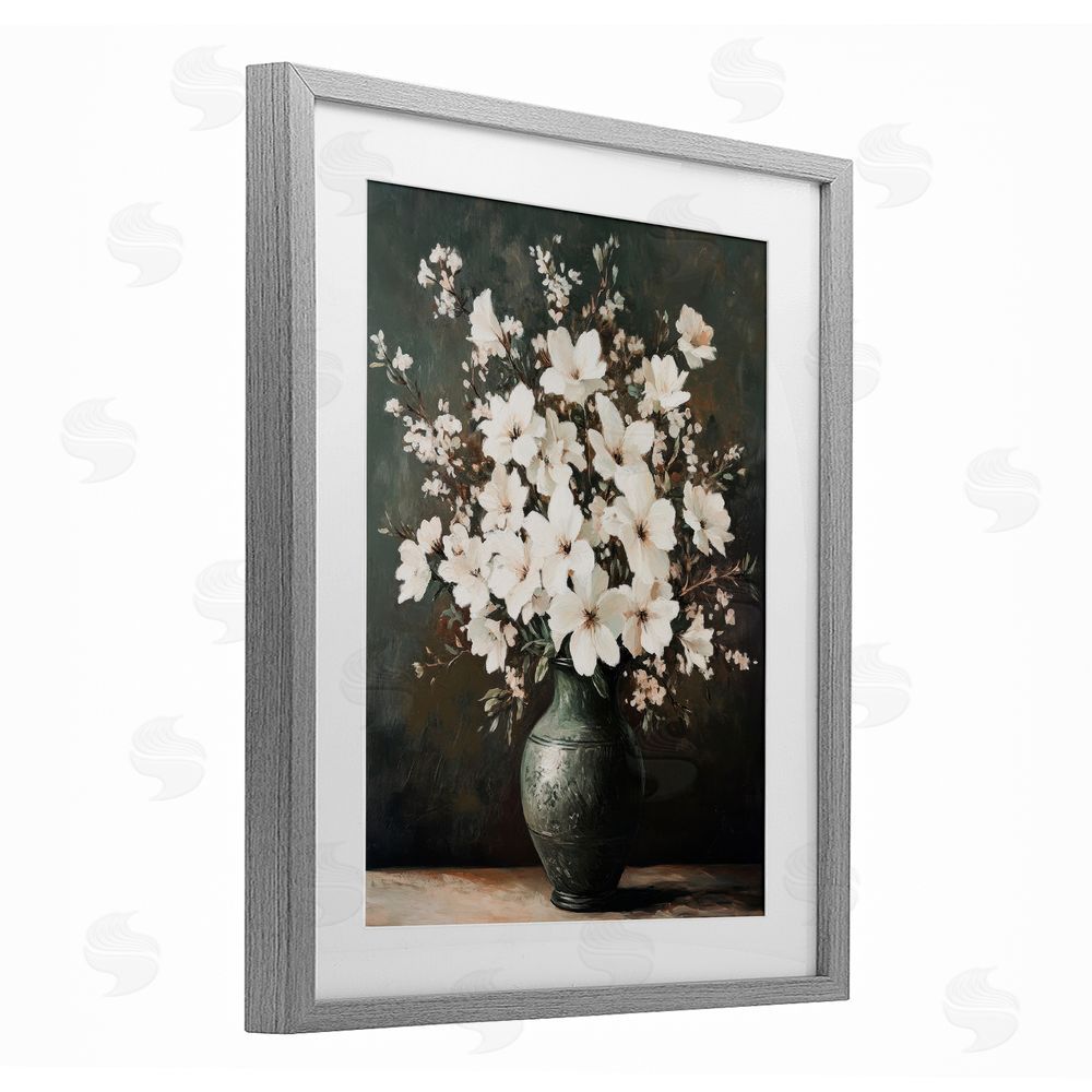 Petal Prints Design Traditional Elegant White Bouquet Gray Framed Print Under Glass with White Mat Wall Art