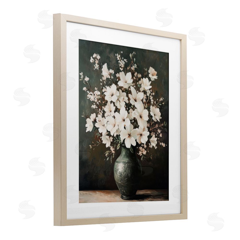 Petal Prints Design Traditional Elegant White Bouquet Birch Framed Print Under Glass with White Mat Wall Art