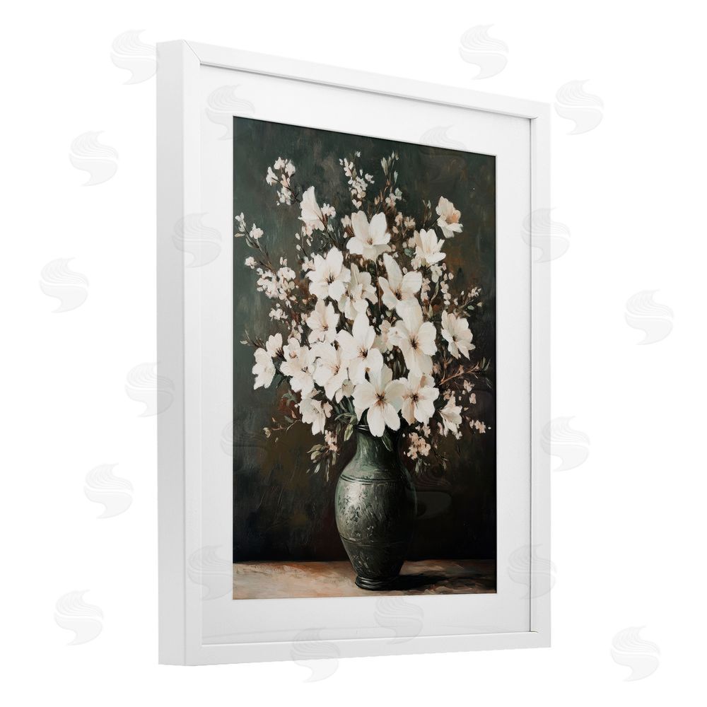 Petal Prints Design Traditional Elegant White Bouquet White Framed Print Under Glass with Mat Wall Art
