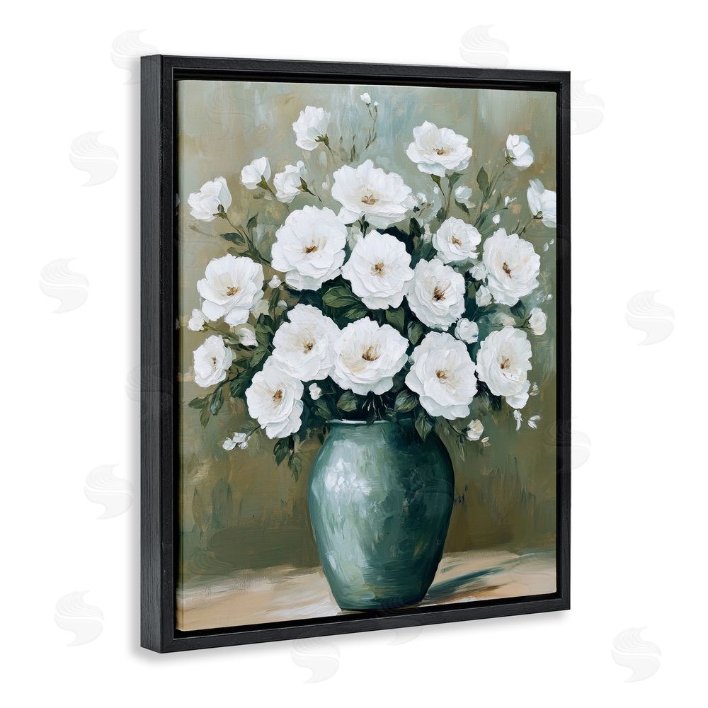 Petal Prints Design Ivory Bouquet Flower Blossoms Black Floating Frame Canvas Wall Art Print